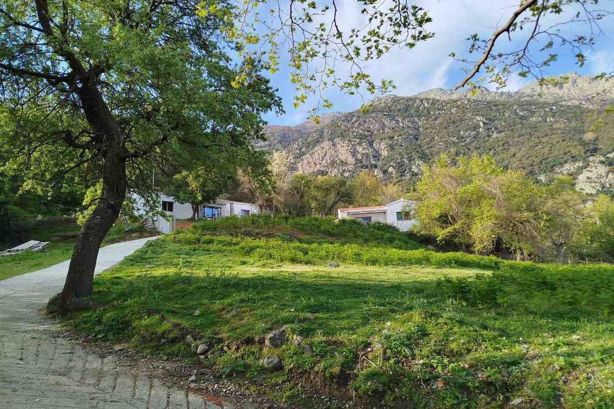 Garden path through the grounds, with the houses and the mountain behind