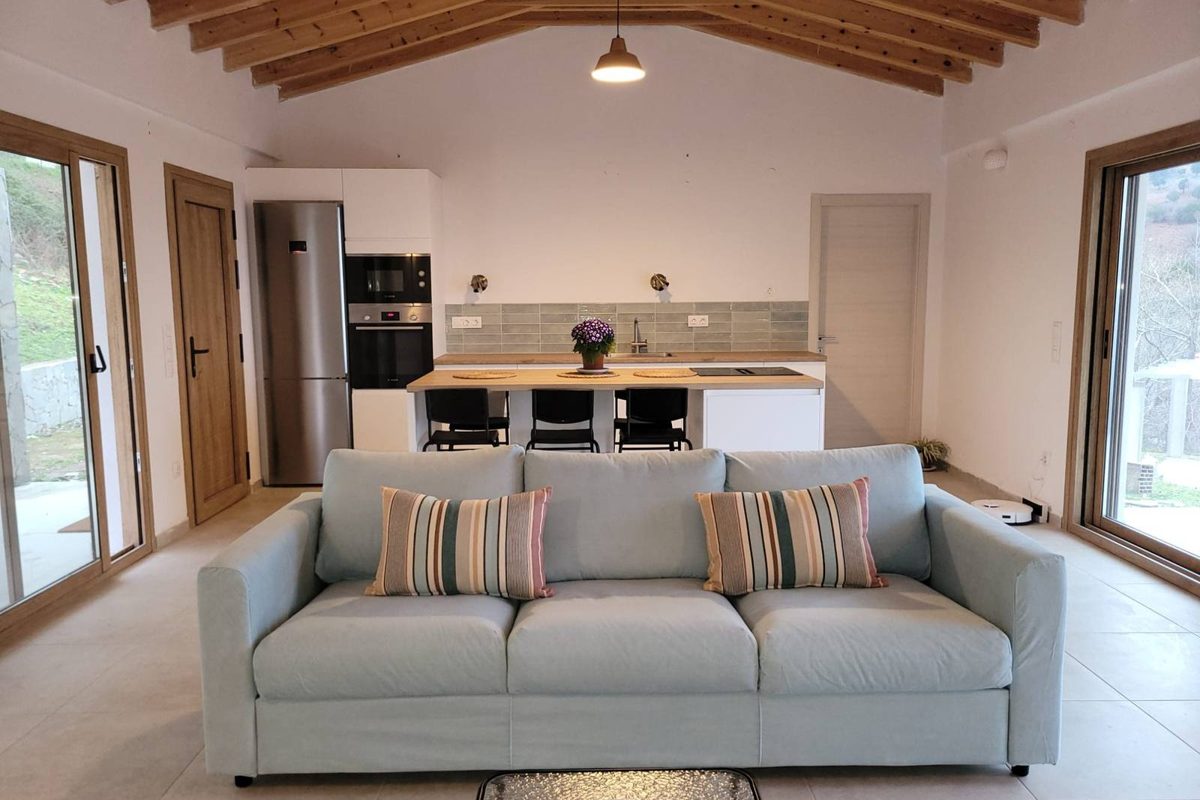 Living room with a grey sofa and the open kitchen behind